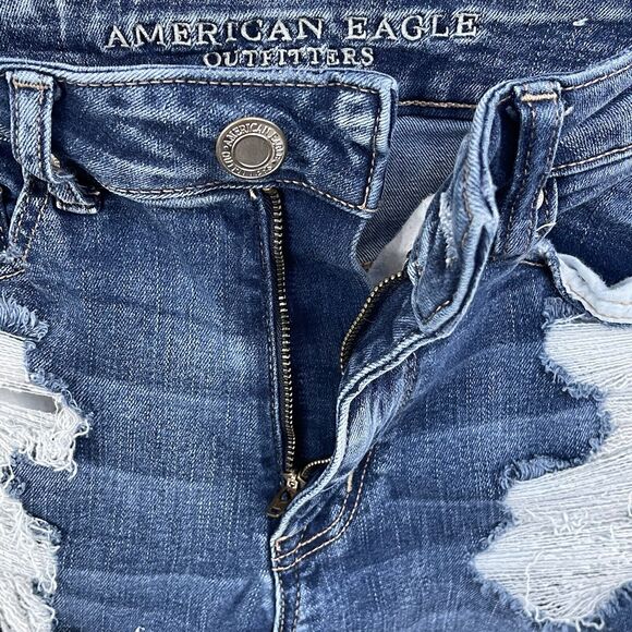 American Eagle SZ 6 Hi-Rise Shortie Jean Shorts Distressed Stretch Frayed Hems - Picture 4 of 8
